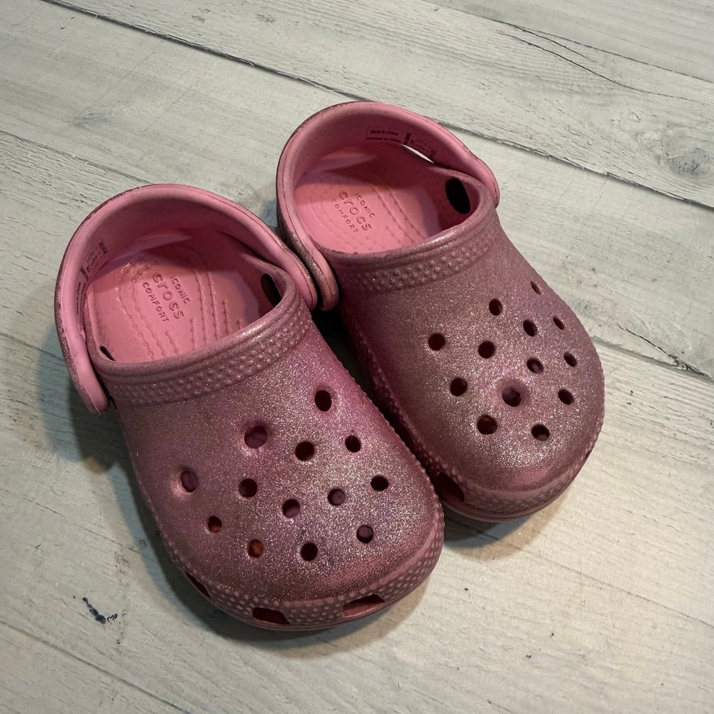 Crocs pink glitter slip on shoes clogs little kids size 6